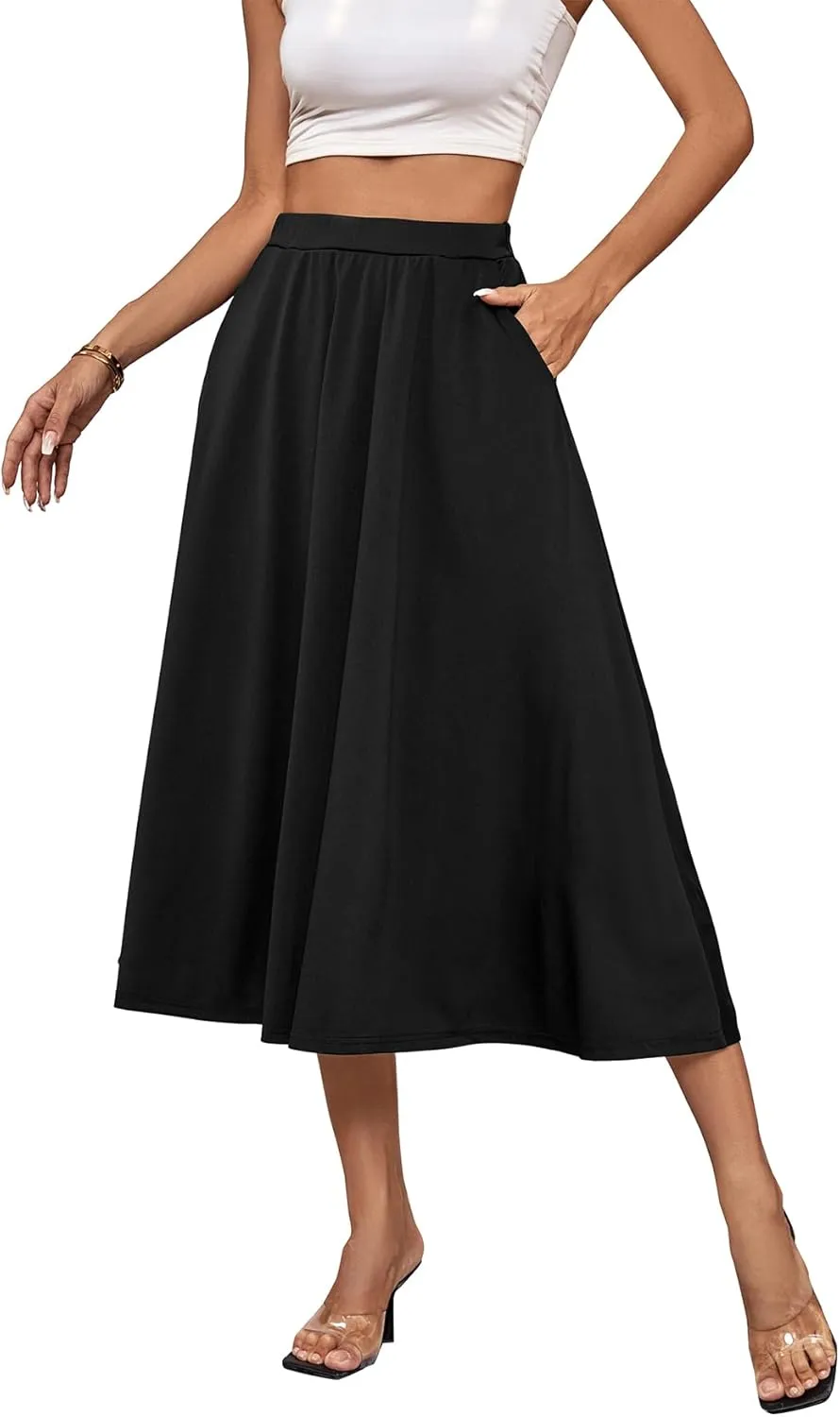 Umenlele Women's Stretchy Flared Basic Versatile High Waisted Casual Midi Skater Skirt