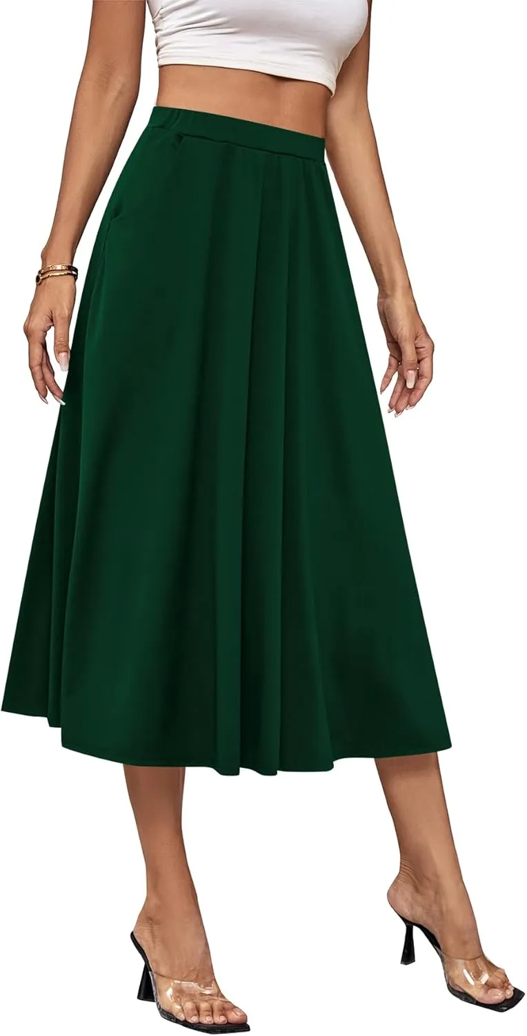 Umenlele Women's Stretchy Flared Basic Versatile High Waisted Casual Midi Skater Skirt