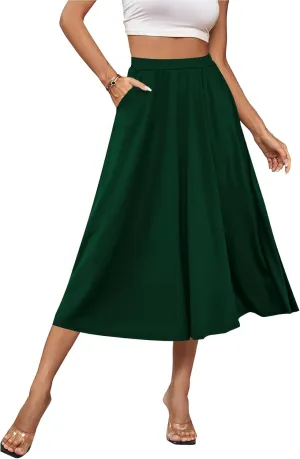 Umenlele Women's Stretchy Flared Basic Versatile High Waisted Casual Midi Skater Skirt