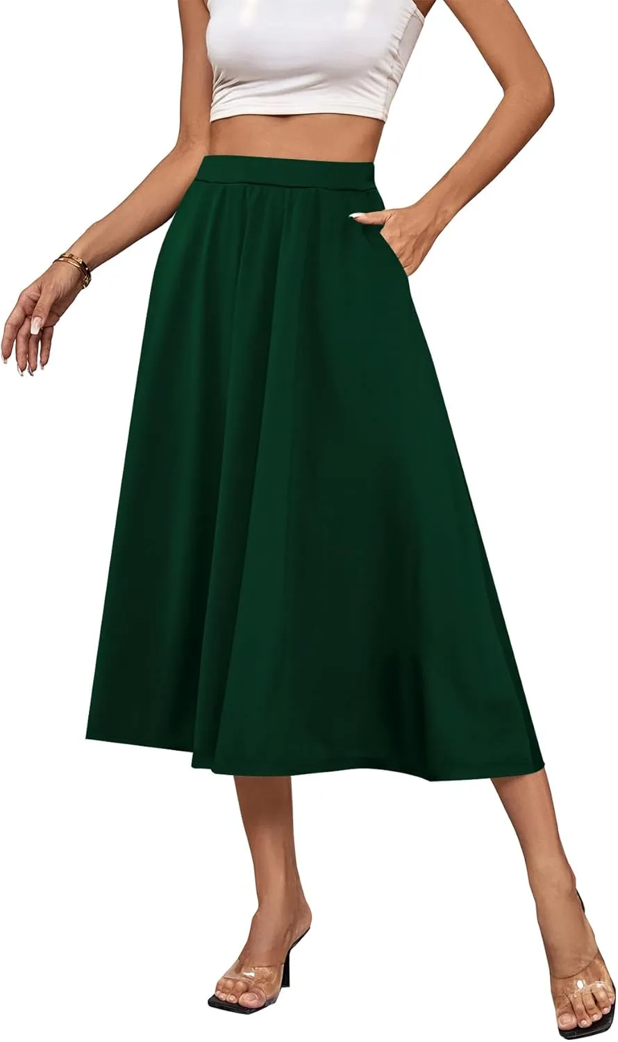 Umenlele Women's Stretchy Flared Basic Versatile High Waisted Casual Midi Skater Skirt