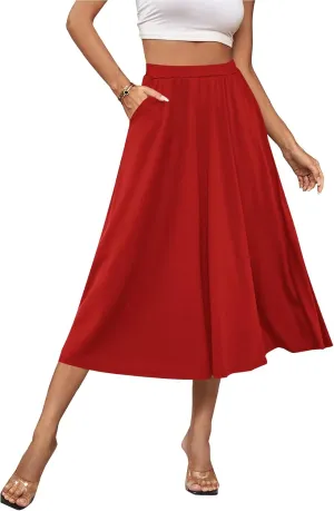 Umenlele Women's Stretchy Flared Basic Versatile High Waisted Casual Midi Skater Skirt
