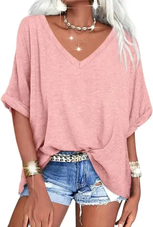 UNCLECAT Women's V Neck Oversized T-Shirts Summer Short Sleeve Shirts Loose Casual Tops Tee