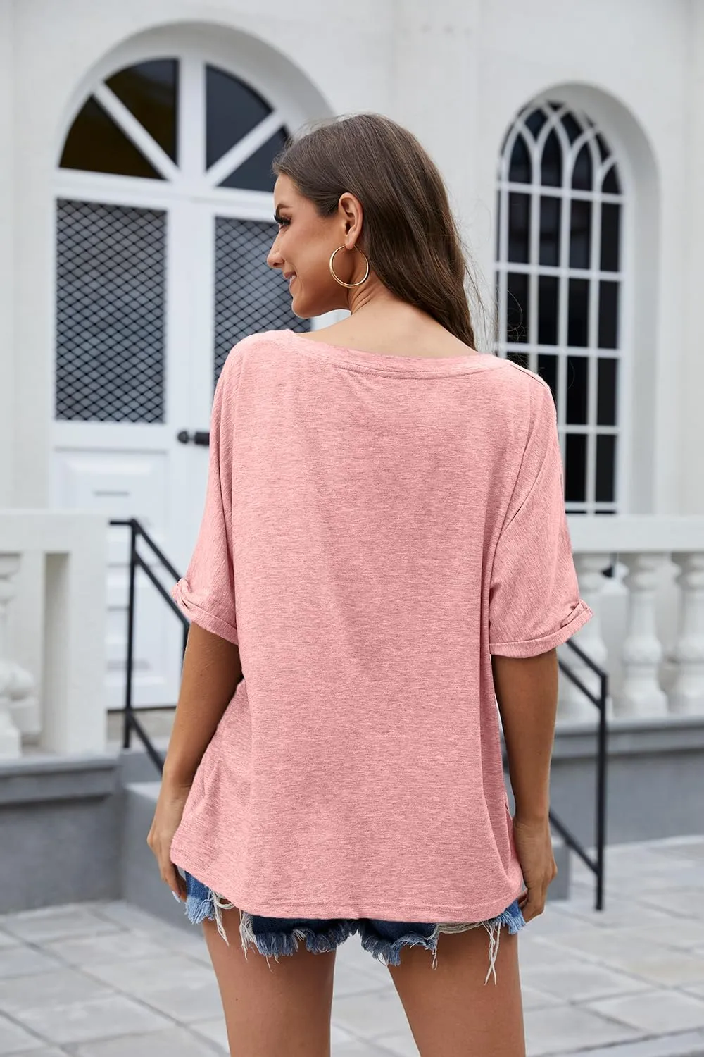 UNCLECAT Women's V Neck Oversized T-Shirts Summer Short Sleeve Shirts Loose Casual Tops Tee
