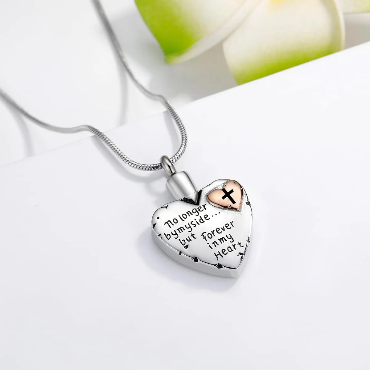 Urn Necklace for Ashes Stainless Steel Cremation Keepsake Jewelry for Ashes Women-No Longer By My Side Forever in My Heart