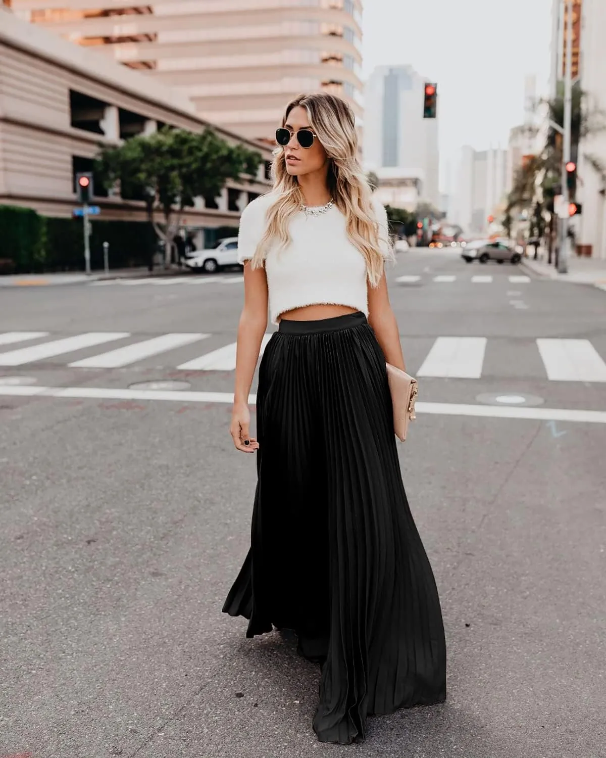 utcoco Women's Elegant Maxi Skirt High Waisted Pleated Chiffon Long Skirts for Women