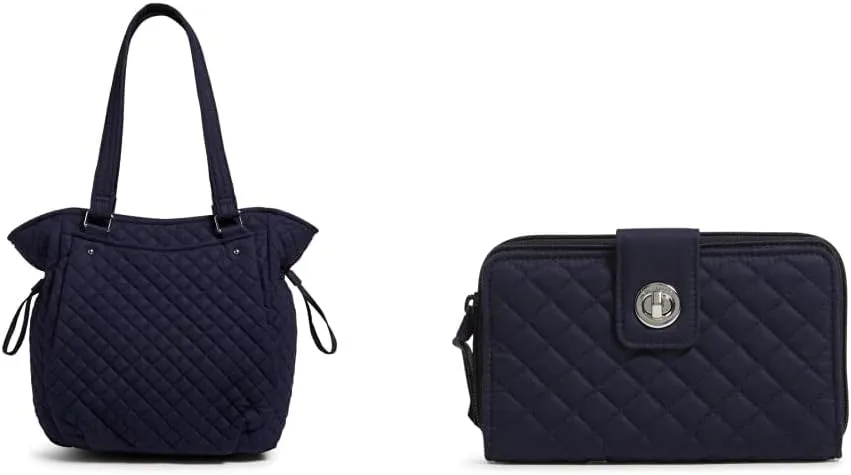 Vera Bradley Glenna Satchel Purse, Classic Navy-Recycled Cotton Turnlock Wallet with RFID Protection, Classic Navy-Recycled Cotton