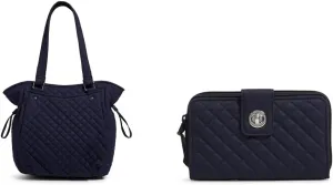 Vera Bradley Glenna Satchel Purse, Classic Navy-Recycled Cotton Turnlock Wallet with RFID Protection, Classic Navy-Recycled Cotton