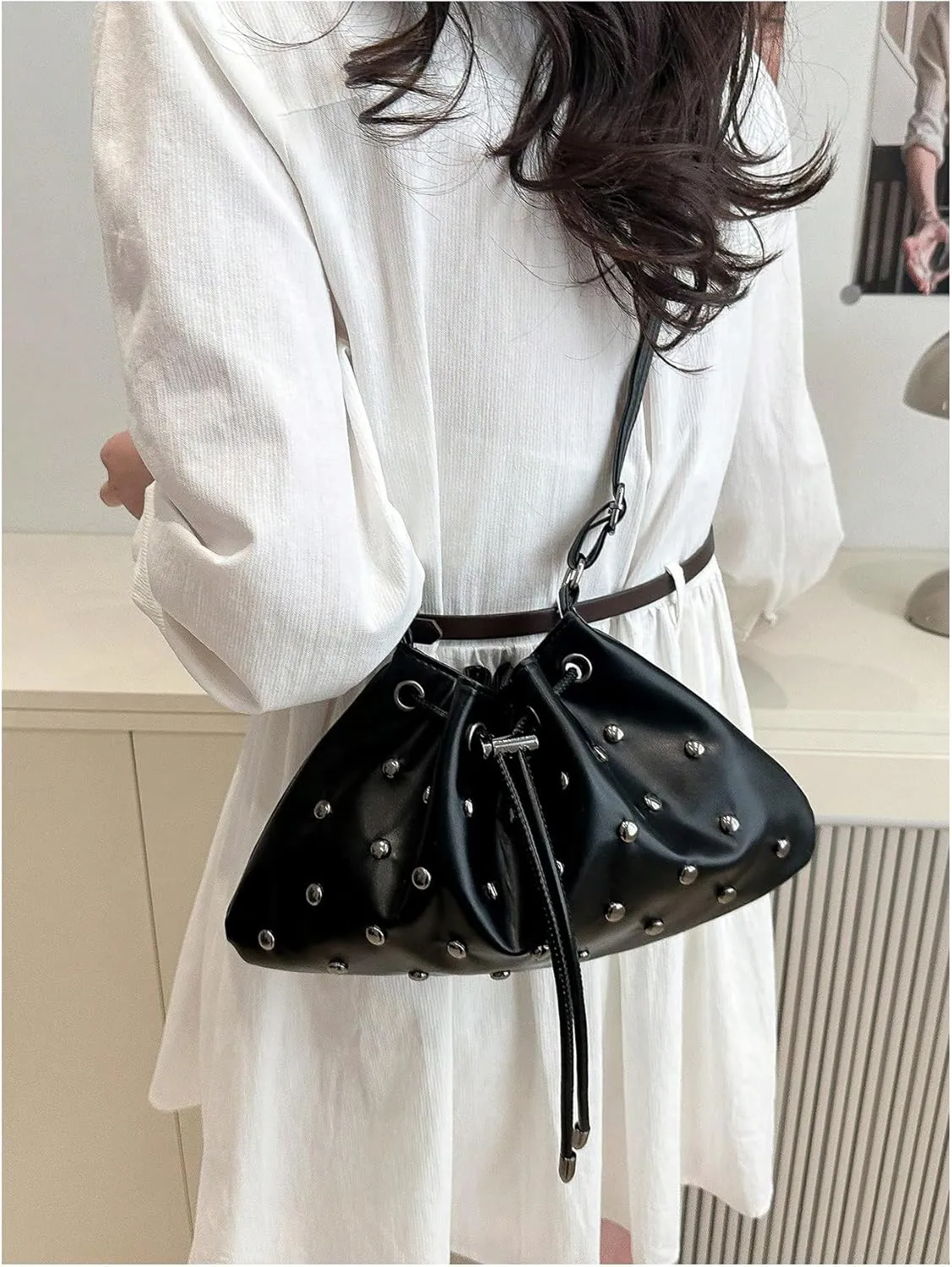 Verdusa Women's Studded Crossbody Bags Ruched Drawstring PU Leather Shoulder Handbag