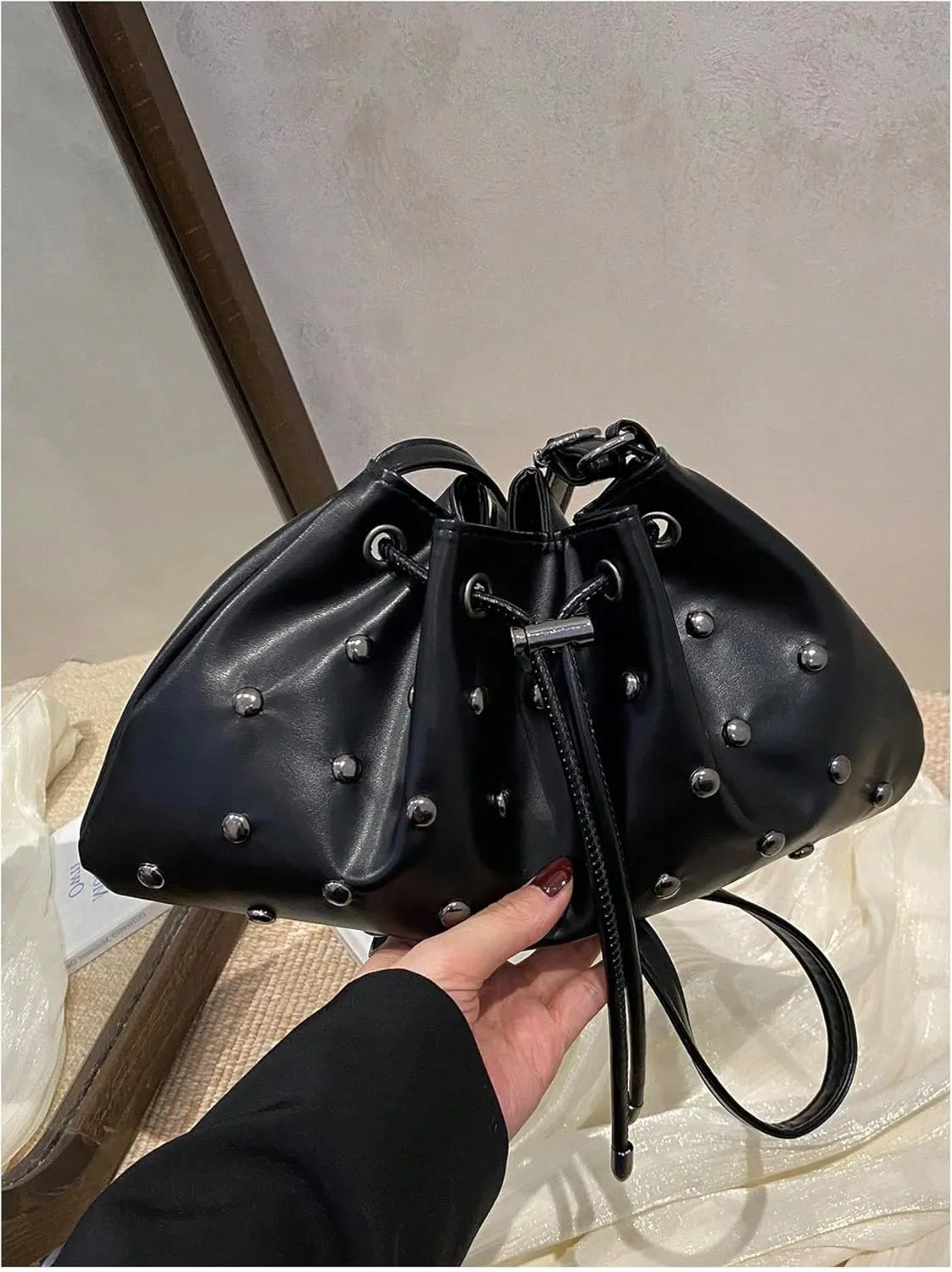Verdusa Women's Studded Crossbody Bags Ruched Drawstring PU Leather Shoulder Handbag