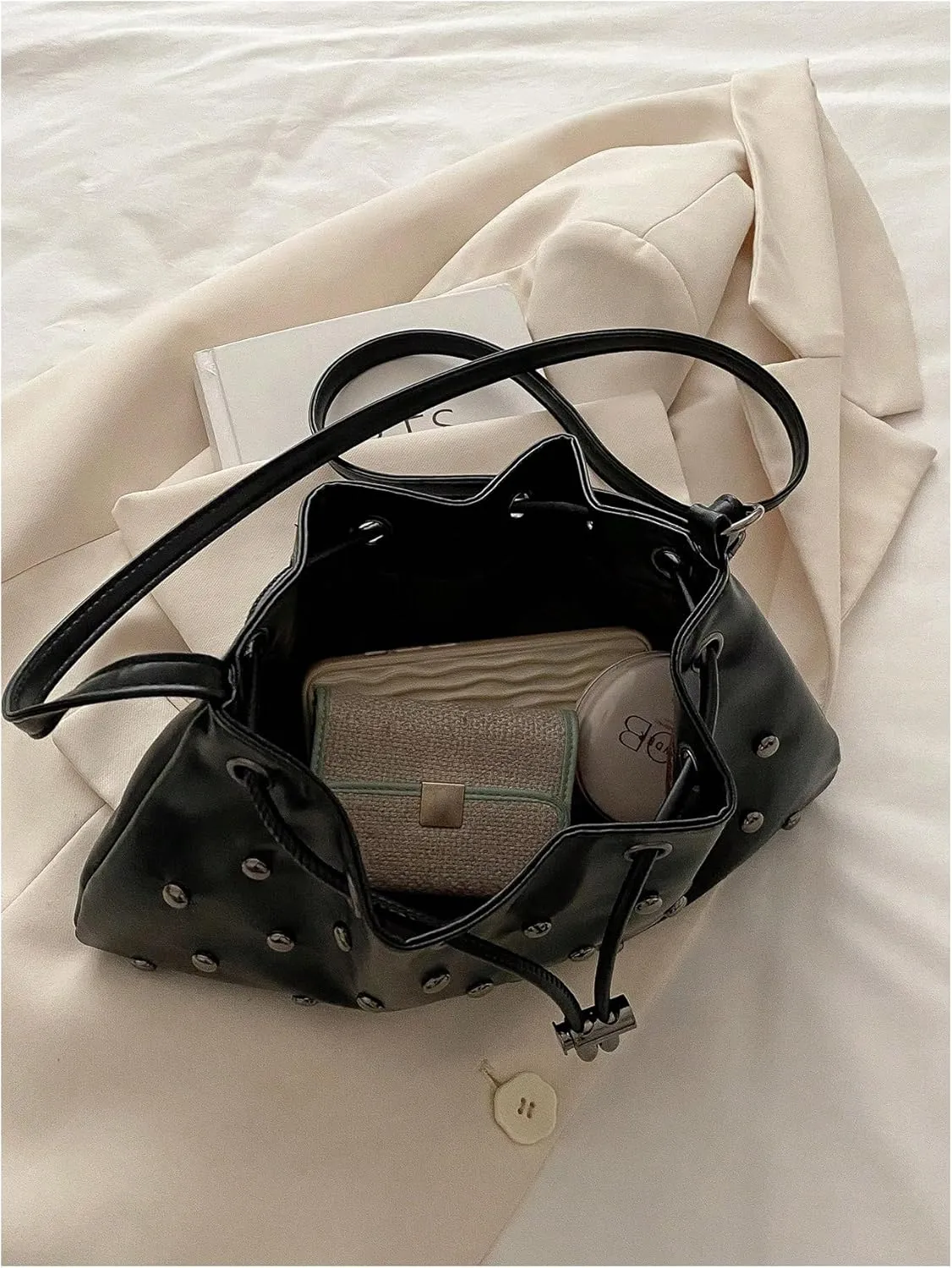 Verdusa Women's Studded Crossbody Bags Ruched Drawstring PU Leather Shoulder Handbag