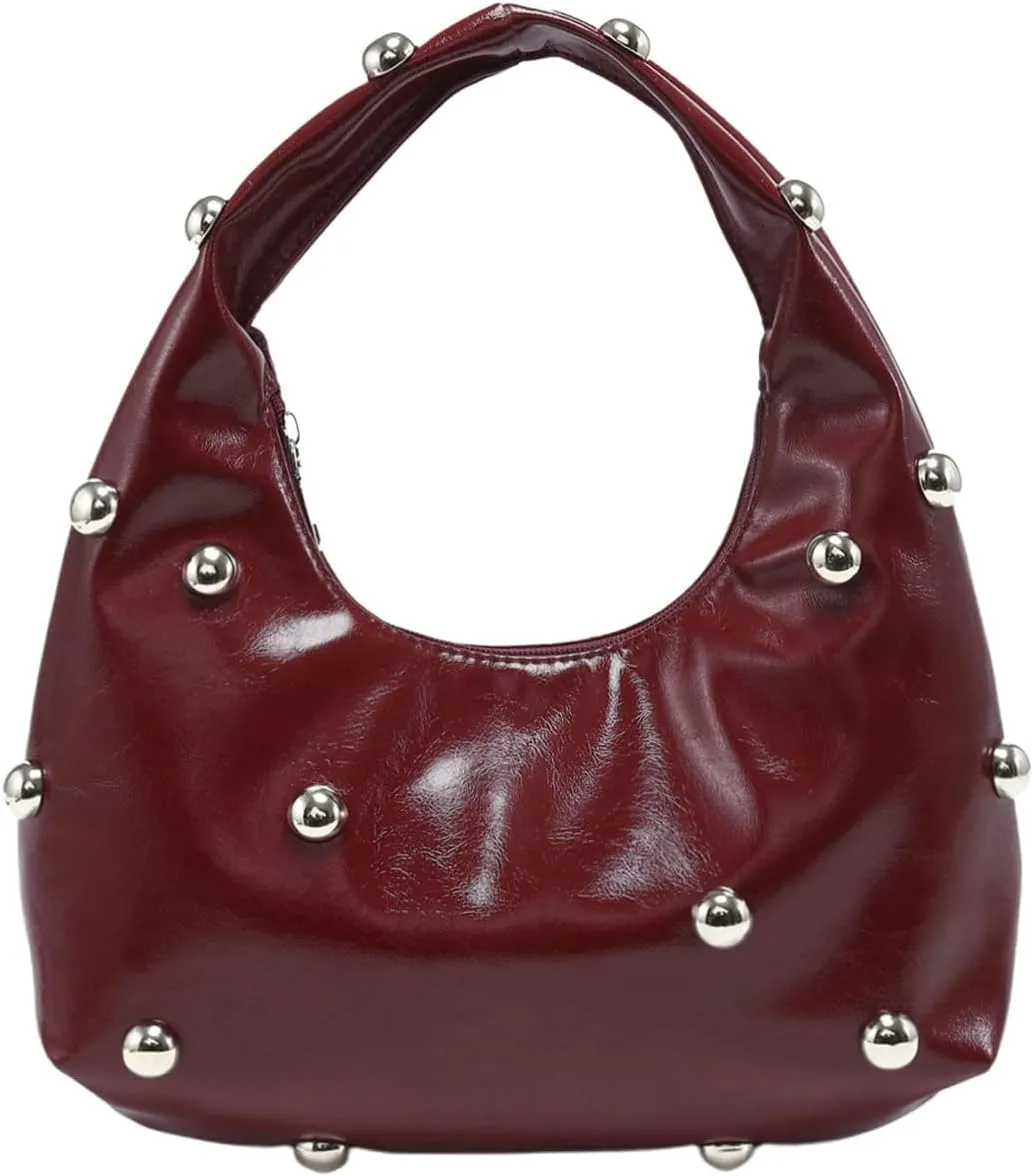 Verdusa Women's Studded Zipper Shoulder Handbags Vintage Top Handle PU Leather Hobo Bags
