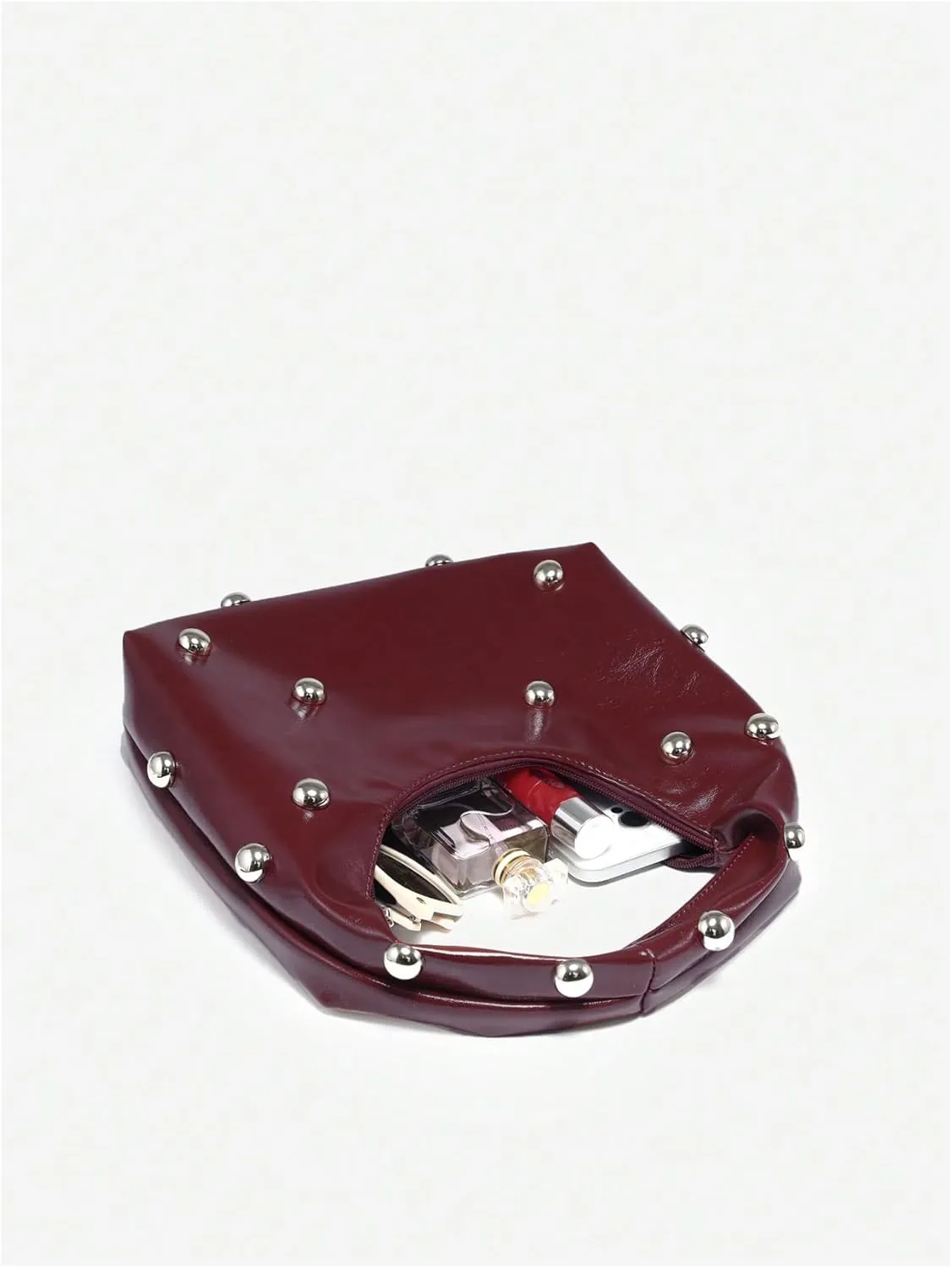 Verdusa Women's Studded Zipper Shoulder Handbags Vintage Top Handle PU Leather Hobo Bags