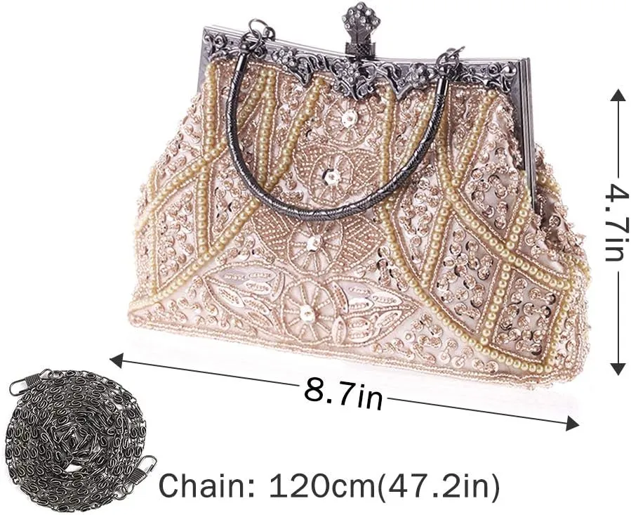 Vintage Beaded and Sequined Evening Bag for Women Formal Wedding Party Clutch Purse