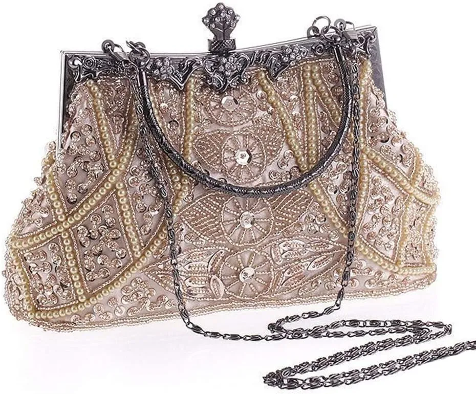Vintage Beaded and Sequined Evening Bag for Women Formal Wedding Party Clutch Purse