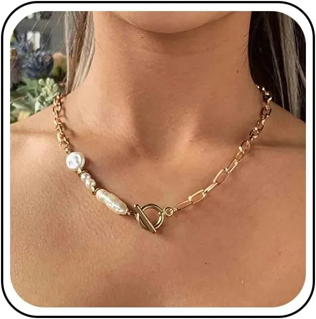 Vintage Pearl Choker Necklace Gold Irregular Pearl Necklace Punk Paper Clip Chain Necklace T Bar Circle Collar Necklace Personlized Asymmetric Necklace Chain Jewelry for Women