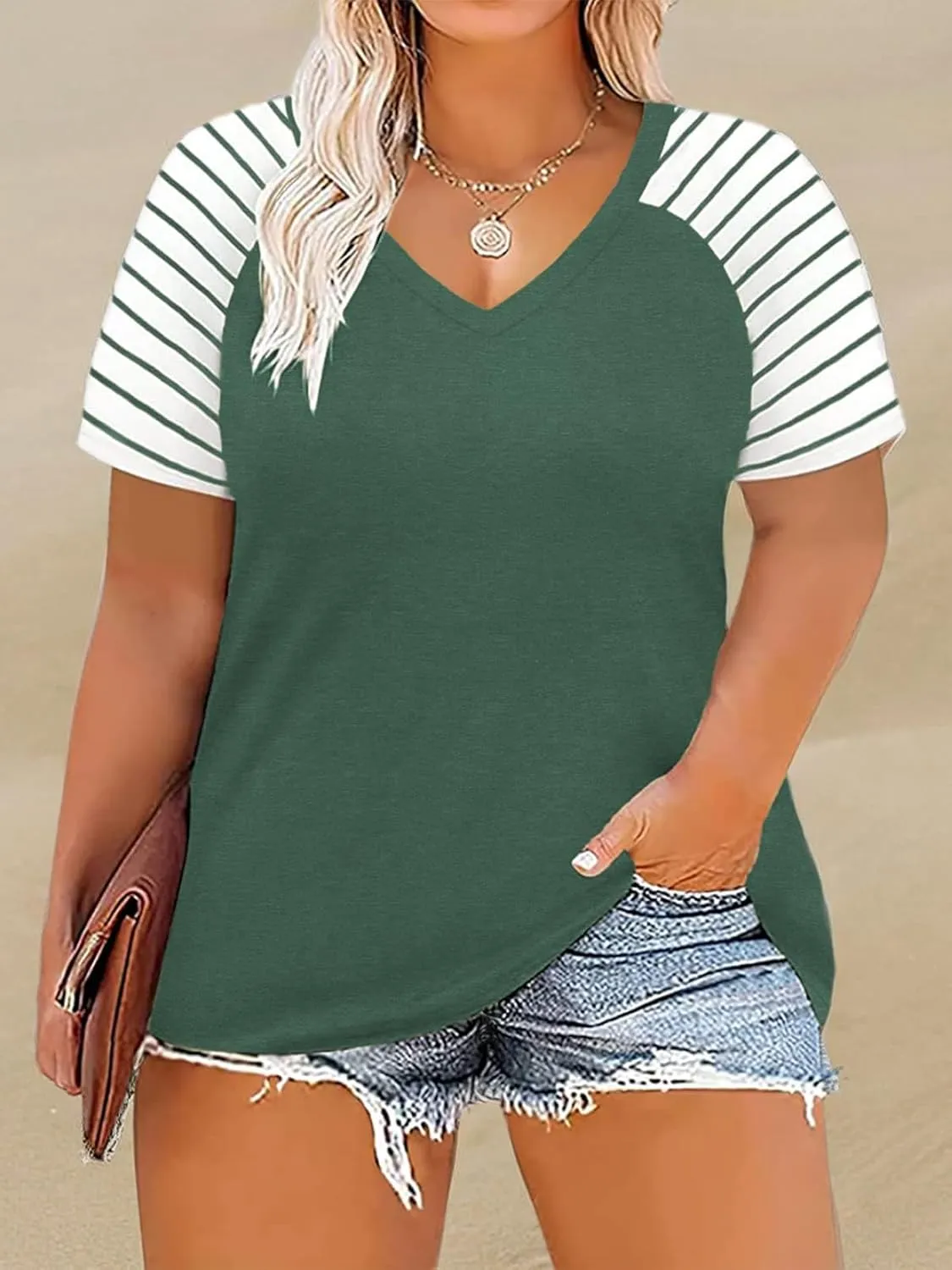 VISLILY Women's-Plus-Size-Tops V Neck Striped Raglan T Shirts Summer Short Sleeve Tee