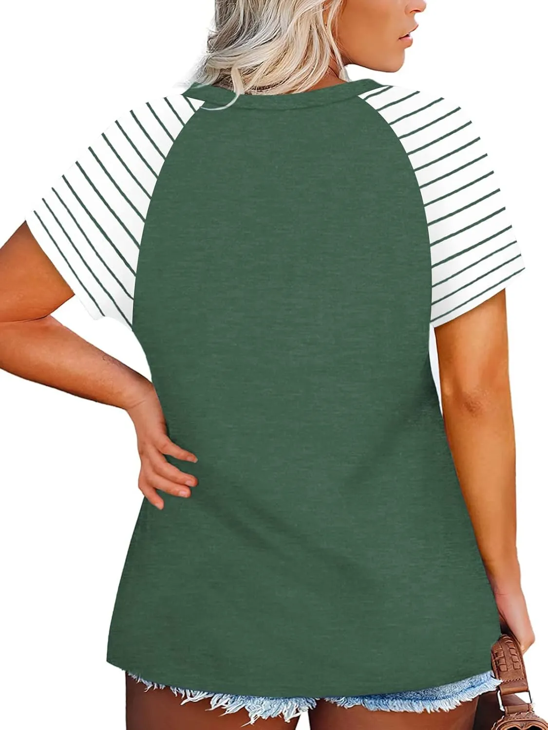 VISLILY Women's-Plus-Size-Tops V Neck Striped Raglan T Shirts Summer Short Sleeve Tee