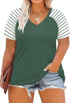 VISLILY Women's-Plus-Size-Tops V Neck Striped Raglan T Shirts Summer Short Sleeve Tee