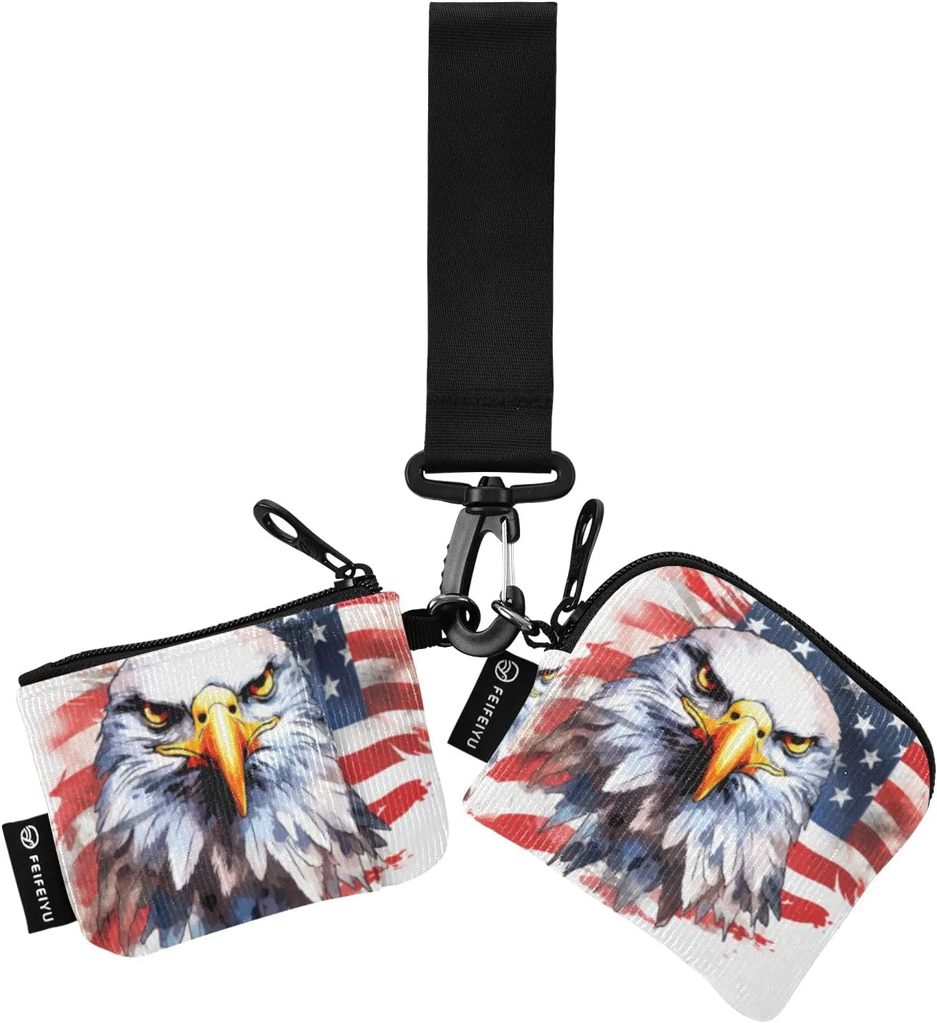 Watercolor American Flag with Eagle Mini Zip Around Wristlet Wallets with Detachable Women Dual Pouch