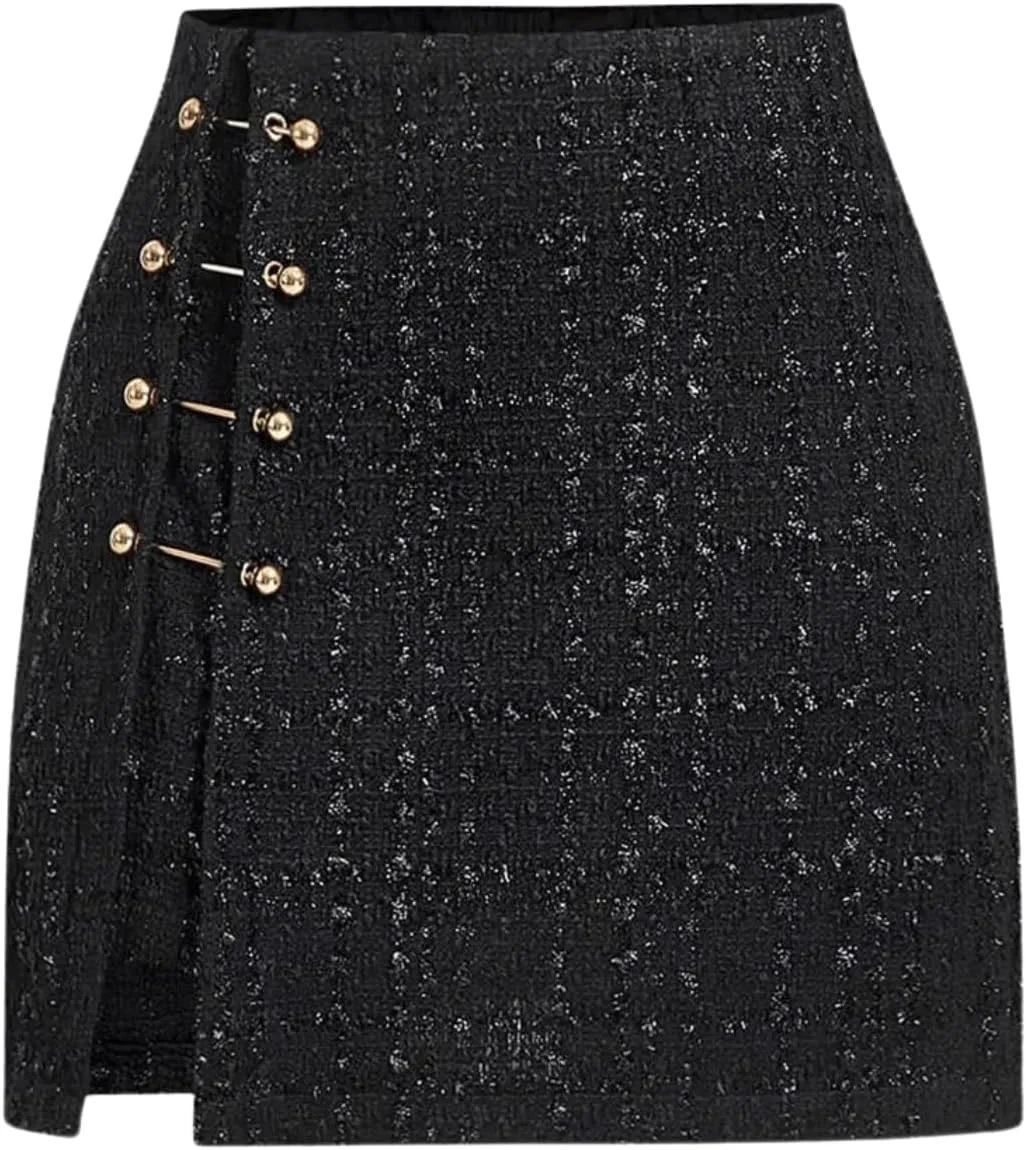 WDIRARA Women's Side Slit Metallic Trim High Waisted Faux Leather Short Skirts