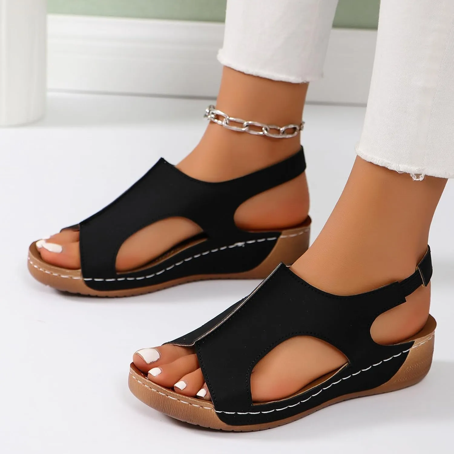 Wedge Sandals for Women Orthopedic Sandals Arch Support Comfortable Sandals Ankle Strap Open Toe Platform Slingback Summer Fish Mouth Sandals