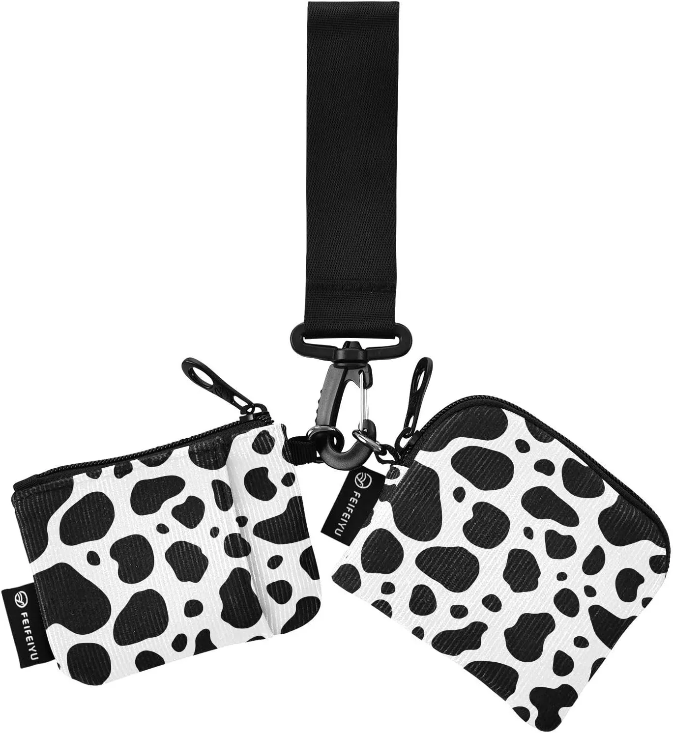 White and Black Animal Cow Print Wristlet Wallets for Women Portable Zip Around Dual Pouch Mini Coin Purse