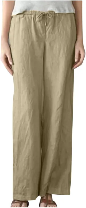 Wide Leg Pants Women Plus Size Cotton Linen Trousers Dressy Casual Drawstring High Waist Straight Pants Summer Pants