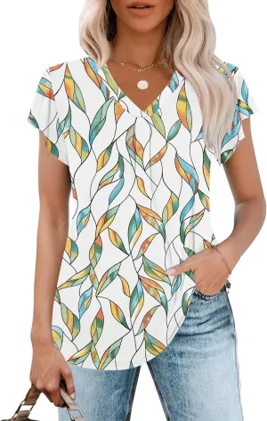 WNEEDU Women's Summer Tops Ruffle Sleeve V Neck Tunic Tops Casual Loose Fit Shirts Blouses