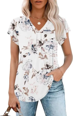 WNEEDU Women's Summer Tops Ruffle Sleeve V Neck Tunic Tops Casual Loose Fit Shirts Blouses