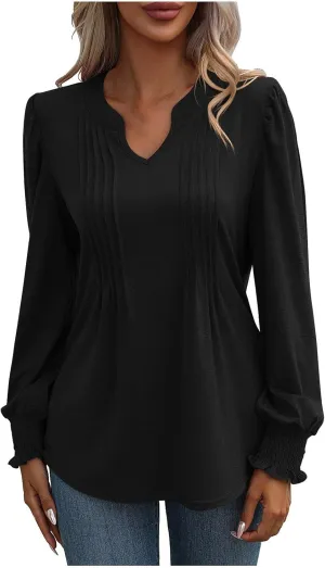 Women Blouses Elegant Casual Loose V-Neck Pleated Smocked Womans Fall Shirts Plain Lantern Long Sleeve Tunic Tops