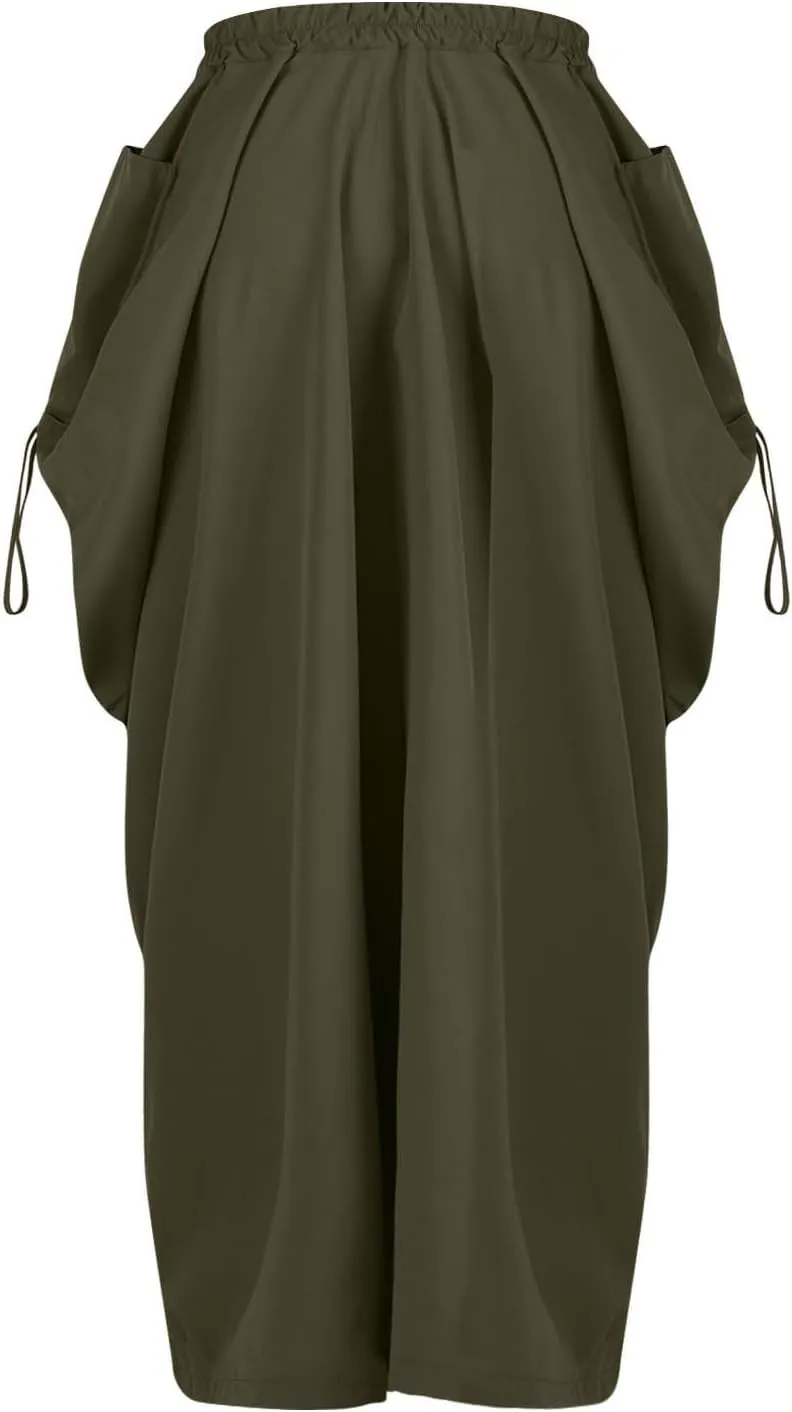 Women Boho Maxi Skirt Elastic High Waist Stretch Long Skirt Casual Y2k Fashion Cargo Skirt with Two Side Pockets
