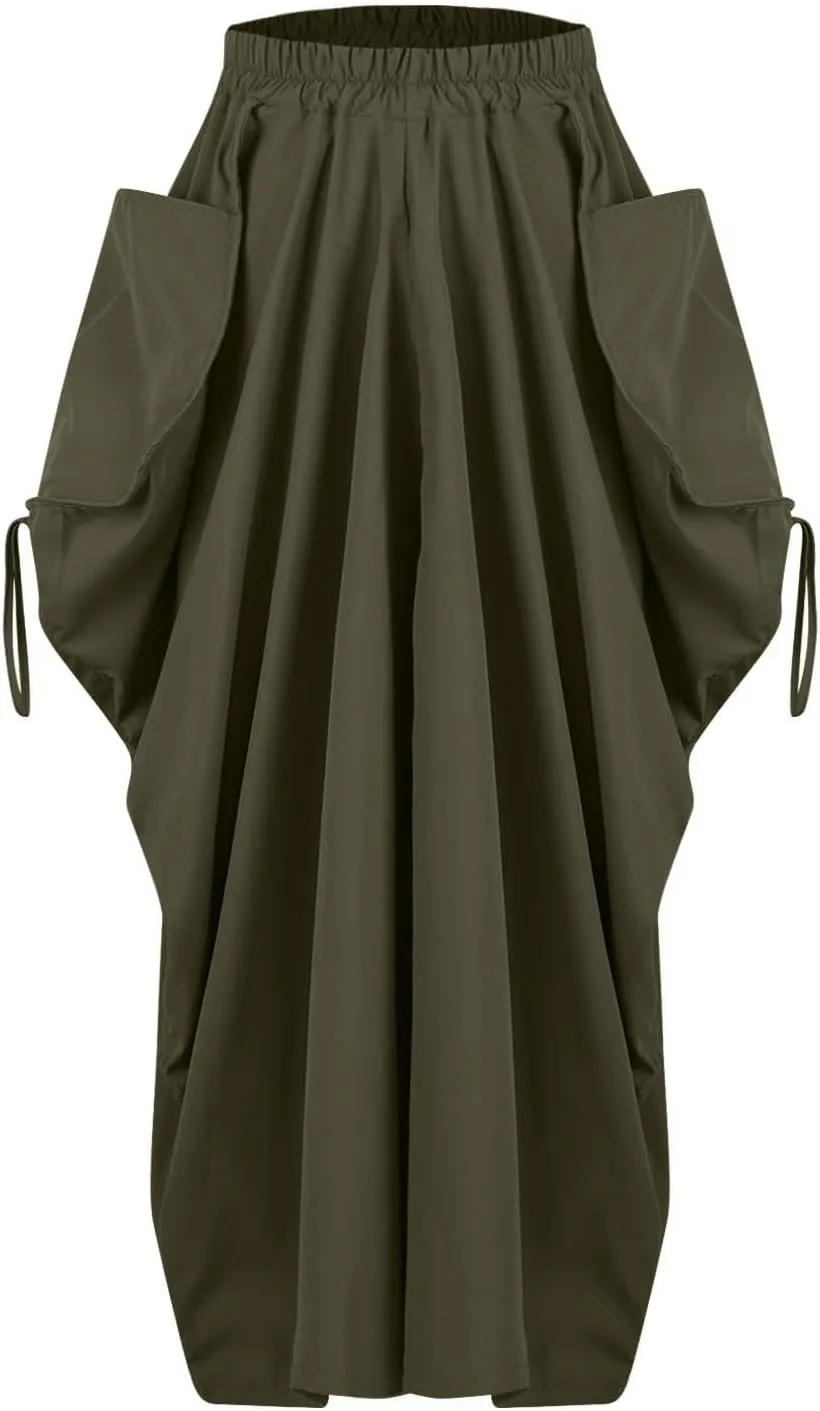 Women Boho Maxi Skirt Elastic High Waist Stretch Long Skirt Casual Y2k Fashion Cargo Skirt with Two Side Pockets