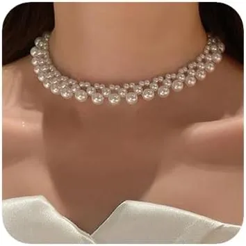 Women Bridal Vintage Short Pearls Pendant Pearl Shiny Elastic Choker Necklace Punk Bar Sexy Simple Necklaces for Women Party