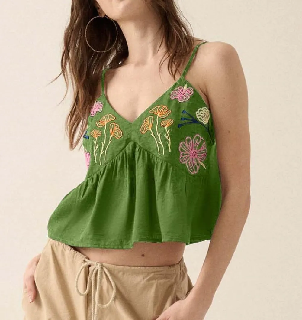 Women Embroidered Spaghetti Strap Tank Top Sleeveless Low Cut Cami Tops Cute Floral V Neck Camisoles Going Out Tops