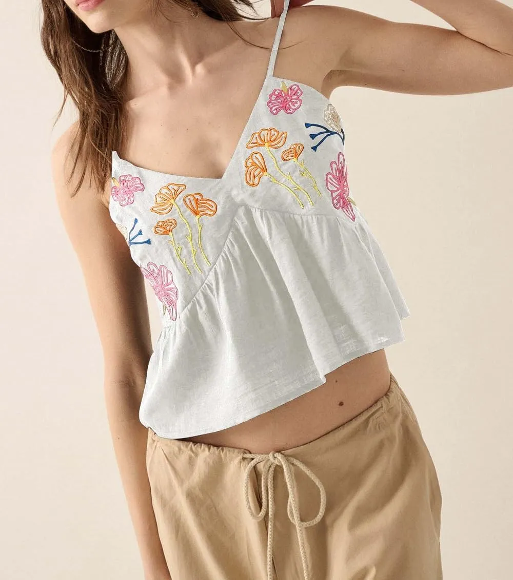 Women Embroidered Spaghetti Strap Tank Top Sleeveless Low Cut Cami Tops Cute Floral V Neck Camisoles Going Out Tops