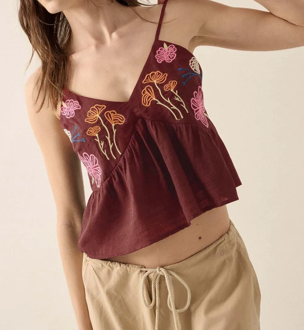 Women Embroidered Spaghetti Strap Tank Top Sleeveless Low Cut Cami Tops Cute Floral V Neck Camisoles Going Out Tops