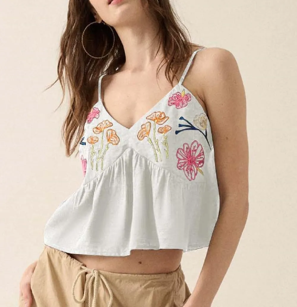 Women Embroidered Spaghetti Strap Tank Top Sleeveless Low Cut Cami Tops Cute Floral V Neck Camisoles Going Out Tops