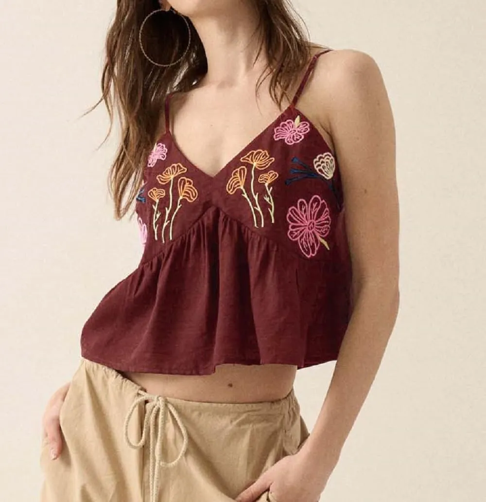 Women Embroidered Spaghetti Strap Tank Top Sleeveless Low Cut Cami Tops Cute Floral V Neck Camisoles Going Out Tops