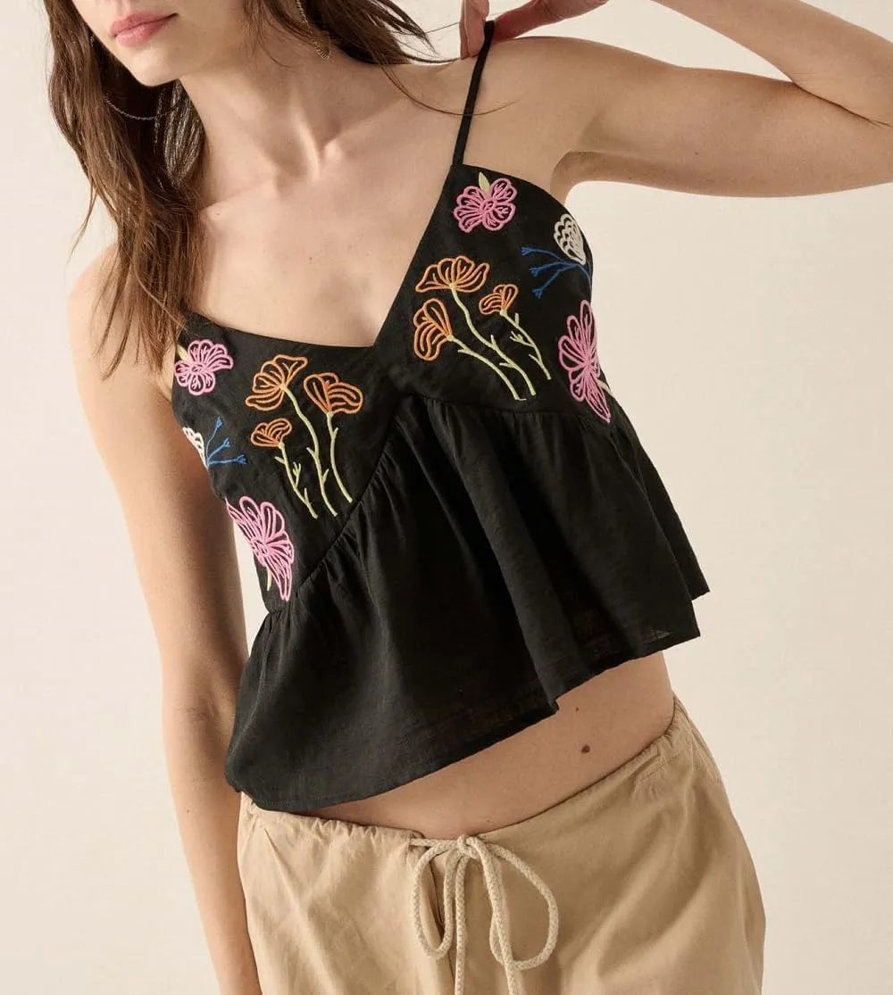 Women Embroidered Spaghetti Strap Tank Top Sleeveless Low Cut Cami Tops Cute Floral V Neck Camisoles Going Out Tops