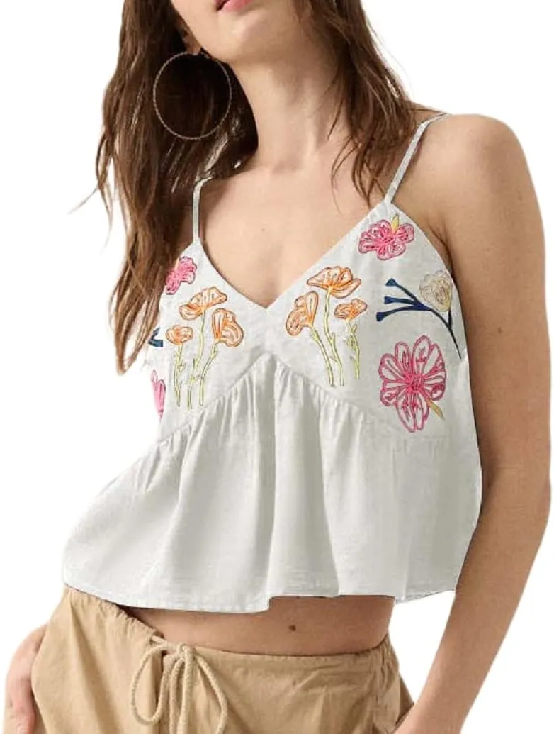 Women Embroidered Spaghetti Strap Tank Top Sleeveless Low Cut Cami Tops Cute Floral V Neck Camisoles Going Out Tops