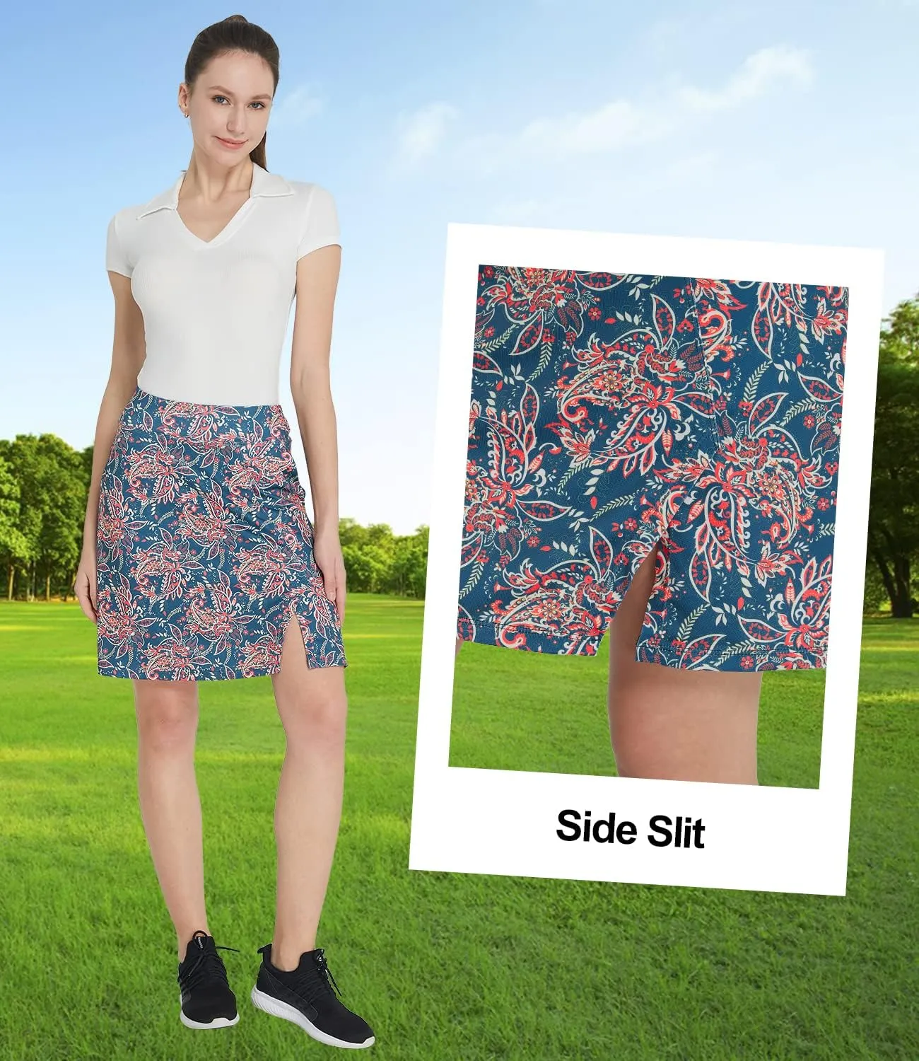 Women Knee Length Skirts Causal Skorts with Pockets Longer Length Golf Skirts Side Slit