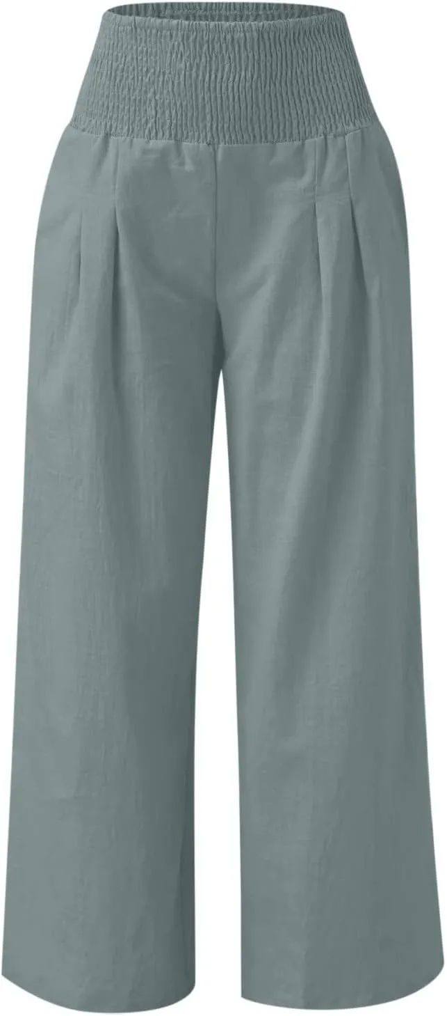 Women Linen Palazzo Pants Wide Leg High Waisted Long Lounge Pant 2025 Summer Beach Vacation Outfits Pockets Trousers