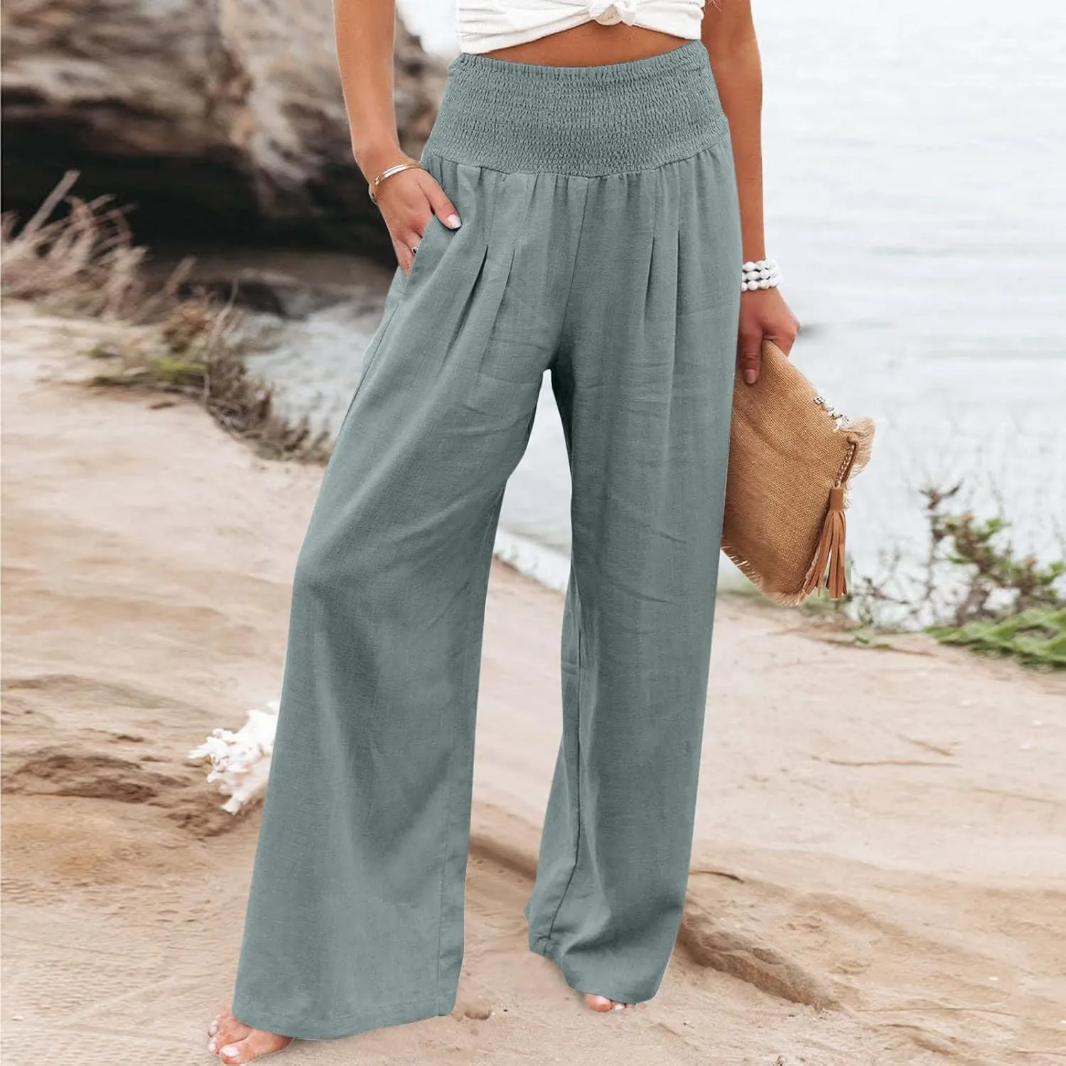 Women Linen Palazzo Pants Wide Leg High Waisted Long Lounge Pant 2025 Summer Beach Vacation Outfits Pockets Trousers