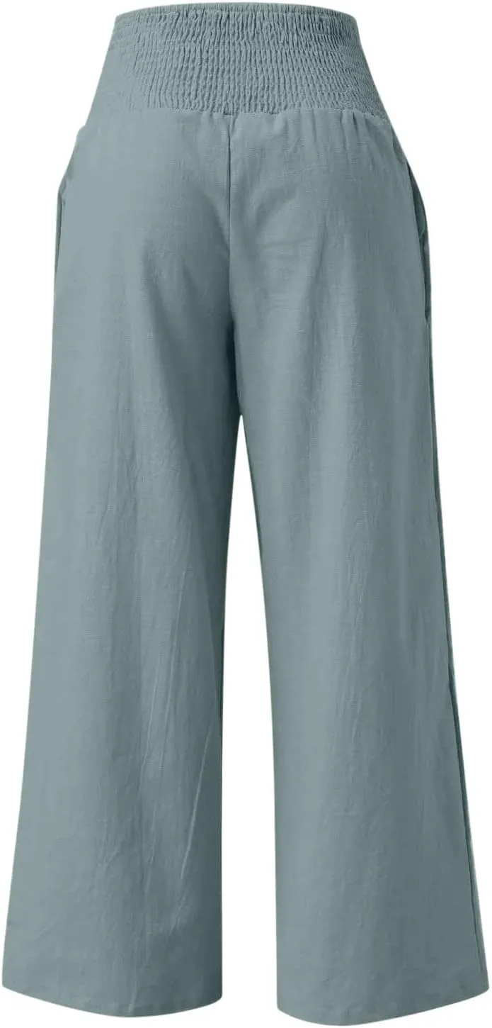 Women Linen Palazzo Pants Wide Leg High Waisted Long Lounge Pant 2025 Summer Beach Vacation Outfits Pockets Trousers