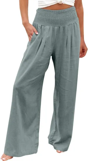 Women Linen Palazzo Pants Wide Leg High Waisted Long Lounge Pant 2025 Summer Beach Vacation Outfits Pockets Trousers