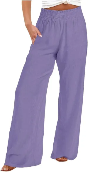 Women Linen Palazzo Pants Wide Leg High Waisted Long Lounge Pant 2025 Summer Beach Vacation Outfits Pockets Trousers