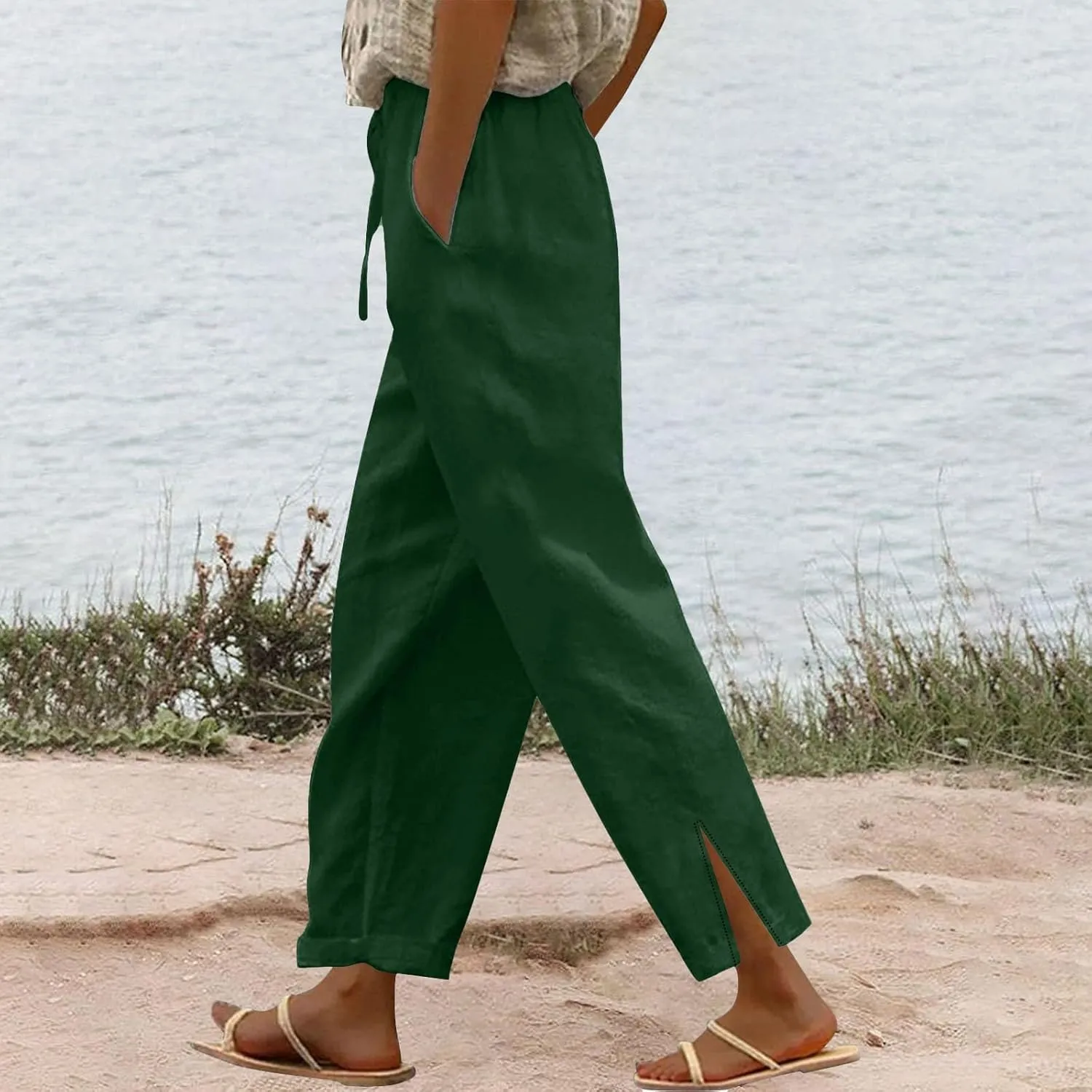 Women Linen Pants 2025 Wide Leg Casual Palazzo Pants Cotton Linen Lounge Beach Summer Pants with Pockets