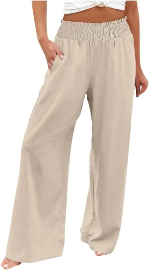 Women Linen Summer Breathable Palazzo Pants Low Waist Bootcut Slim-Fit Pants Business Work