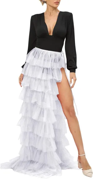 Women Long High Low Ruffles Tulle Skirt Solid Color Mesh Tied-Up Irregular Floor-Length Party Train Overskirt Cover Ups