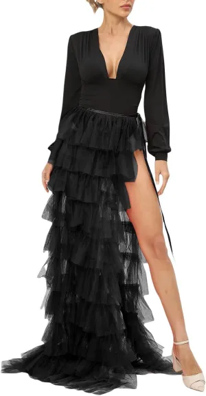 Women Long High Low Ruffles Tulle Skirt Solid Color Mesh Tied-Up Irregular Floor-Length Party Train Overskirt Cover Ups